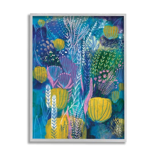 Stupell Industries Field of Abstract Florals Blue Green Yellow in Gray Frame Wall Art